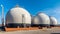 white spherical tanks for storing hydrogen gas at outdoor storage facility, neural network generated image