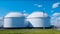 white spherical tanks for storing hydrogen gas at outdoor storage facility, neural network generated image