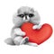 White spitz puppy holds red heart in its paws. Valentine`s Day. Dog is isolated on a white background. art