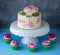 White sponge cake decorated with chocolate peony on a blue background and five cupcakes with pink cream