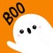 White spooky ghost spirit in the corner. Boo text. Happy Halloween. Cute cartoon scary character. Smiling face, hands. Orange
