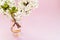 White spring flowers in a transparent vase, pink background