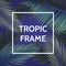 White square frame with palm leaves on background. Dark lilac backdrop. Trendy tropic illustration for your season