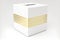white square tissue box with gold stripe on white background