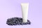 White squeeze bottle cosmetic cream tube and blueberry a lot on purple background. Front view. Unbranded lotion, balsam, hand