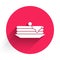 White Stack of pancakes icon isolated with long shadow. Baking with syrup and cherry. Breakfast concept. Red circle