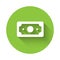 White Stacks paper money cash icon isolated with long shadow. Money banknotes stacks. Bill currency. Green circle button
