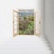 White staircase with french doors and meadow