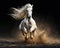 White stallion in action galloping on the ground with a dark background.
