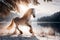 white stallion galloping along the shore of a forest lake