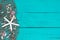 White starfish and shells in fish netting on teal blue wood beach sign