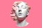 A white statue with pink flowers on it magazine collage style AI generation