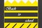 White stickers with black pencils lined with a geometric pattern on a background of yellow with black stripes. Written text back t