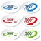 White stickers for virtual tour, oval labels with blue, red, green arrow and with text 360 and view.