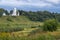 White stone Ascension Cathedral on the picturesque steep slope of the Volga river, Rzhev town, Russia.