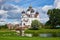 White stone Orthodox Church on the Bank of a pond in the city of Smorgon