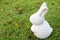 White stone rabbit statue on green grass