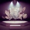White stone stage 3d illustration, white product podium in dark room 3d rendering, decorative leaves on the background