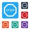 White Stop sign icon isolated on white background. Traffic regulatory warning stop symbol. Set icons in color square