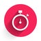 White Stopwatch icon isolated with long shadow. Time timer sign. Chronometer sign. Red circle button. Vector