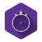 White Stopwatch icon isolated with long shadow. Time timer sign. Purple hexagon button