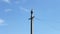 White stork sits in a nest on a pole on a summer day