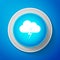 White Storm icon isolated on blue background. Cloud and lightning sign. Weather icon of storm. Circle blue button with