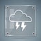 White Storm icon isolated on grey background. Cloud and lightning sign. Weather icon of storm. Square glass panels