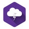 White Storm icon isolated with long shadow. Cloud and lightning sign. Weather icon of storm. Purple hexagon button