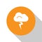 White Storm icon isolated on white background. Cloud and lightning sign. Weather icon of storm. Orange circle button