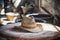 White straw cowboy hat with a hatband on a wooden table against dark background