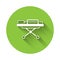 White Stretcher icon isolated with long shadow. Patient hospital medical stretcher. Green circle button. Vector