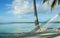 White string hammock strung between coconut palms on idyllic tropical island beach