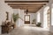 White stucco wall and ceiling with wooden beams in farmhouse hallway. Rustic style interior design of boho entrance hall