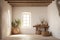 White stucco wall and ceiling with wooden beams in farmhouse hallway. Rustic style interior design of boho entrance hall