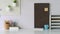 A white student desk that surrounded by bookshelf, coffee cup, diary, notebook, stack of books, pencil holder.