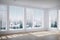 White stylish empty room with winter landscape in window. Scandinavian interior design. 3D illustration made