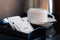 White sugar packet with coffee cup and kettle set in hotel room