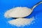 White sugar in a spoon. It is used in food products cookies and cakes