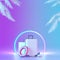 White suitcase with palm trees on neon illuminated background. Mock up for travel concept design with neon colors. 3D illustration