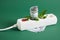 white surge protector with a red power button, money and green leaves of a plant on a green background