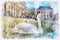 White swan in front Mauritshuis watercolor painting