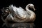 The white swan statue is made of shiny silver material on a dark background. Wildlife animals. Illustration. Generative AI