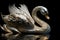 The white swan statue is made of shiny silver material on a dark background. Wildlife animals. Illustration. Generative AI