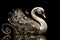 The white swan statue is made of shiny silver material on a dark background. Wildlife animals. Illustration. Generative AI