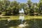 White swans floats in the pond, zoological garden of the National Reserve Askania-Nova, Ukraine