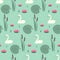 White swans, water lily, bulrush and leaves seamless pattern on mint green background.