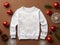 White sweater for kids on Christmas background, outerwear mockup