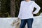 White sweatshirt mockup of a girl in winter woods