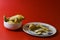 White sweet potato pieces slices protein food on red background